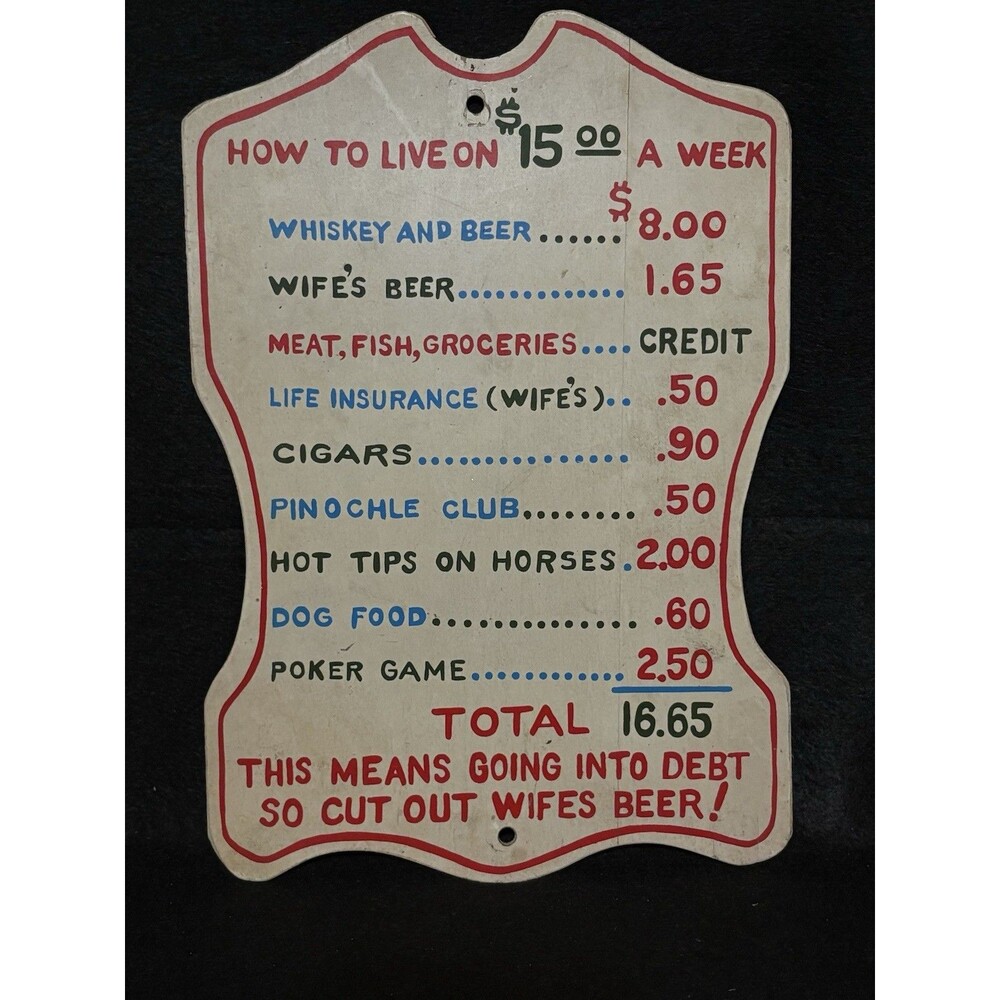 Vintage Beer Funny Home Decor Novelty Man-Cave Sign how to live on 15 a week